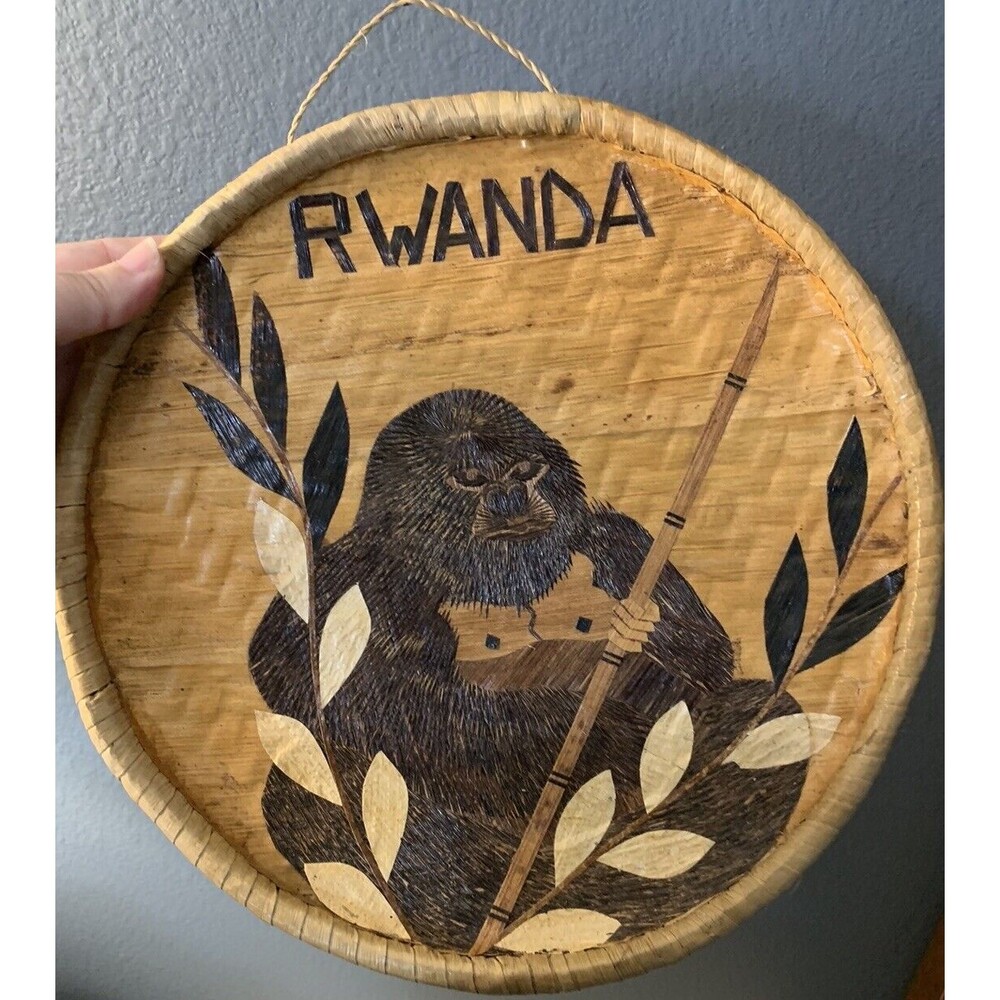 Rwanda African Folk Art Woven Wall Hanging Plate 9" Ape, Gorilla, Bamboo